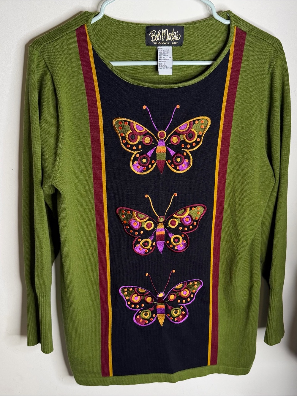 Bob Mackie Olive Green Butterfly Embroidered Long Sleeve Top